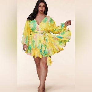 NEW!!! Yellow floral baby doll dress w/long sleeves and rope belt 3xl
